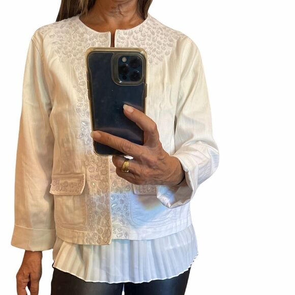 CHICO’S PLATINUM White Embellished Cotton Blazer Jacket.Size 1 - Picture 2 of 15